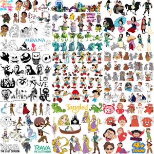May include: A collection of various cartoon character illustrations, including characters from Disney's Moana, Monsters, Inc., Pinocchio, and Tangled. The image also features characters from Turning Red and Raya and the Last Dragon. The text "The ocean calls me" is visible.