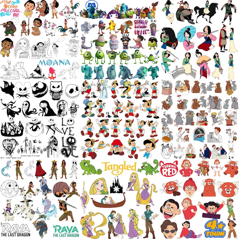 May include: A collection of various cartoon character illustrations, including characters from Disney's Moana, Monsters, Inc., Pinocchio, and Tangled. The image also features characters from Turning Red and Raya and the Last Dragon. The text "The ocean calls me" is visible.