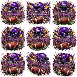 Op de afbeelding: Een verzameling van negen grafische ontwerpen met een paarse en gele footballhelm, een bruine football en de tekst VIKINGS, alles tegen een achtergrond van paarse en gele verfspatten met groene grasaccenten.
