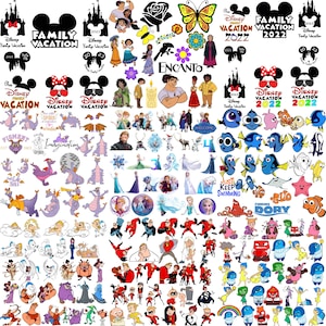 May include: A collection of Disney-themed digital designs featuring characters and logos from various movies. Includes images of Mickey Mouse, castles, and text that says "Family Vacation" and "2022" and "2023". Also includes characters from Encanto, Finding Dory, and Frozen.