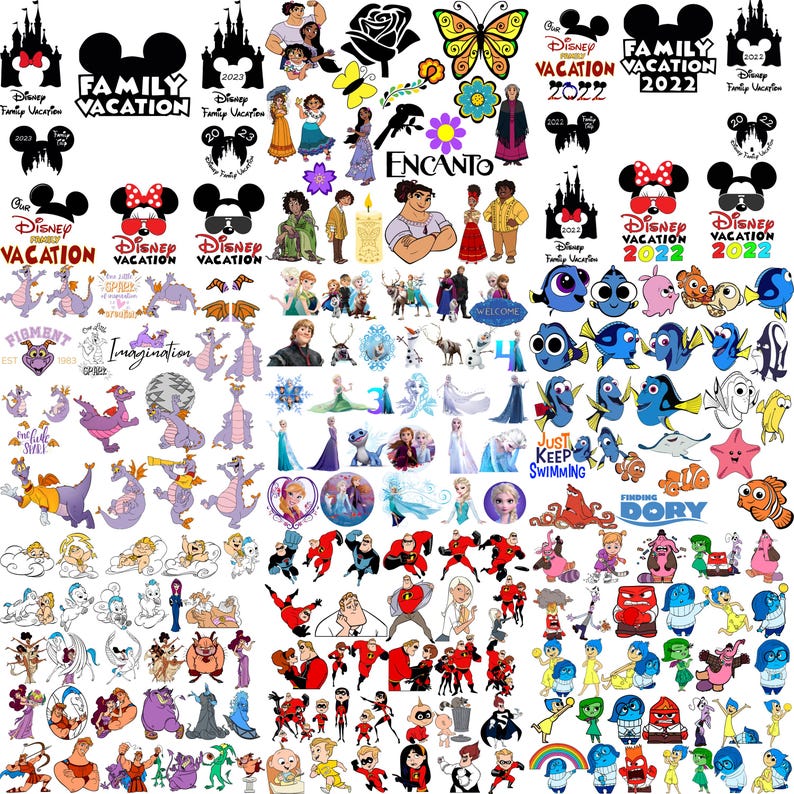 May include: A collection of Disney-themed digital designs featuring characters and logos from various movies. Includes images of Mickey Mouse, castles, and text that says "Family Vacation" and "2022" and "2023". Also includes characters from Encanto, Finding Dory, and Frozen.