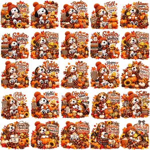Puede incluir: Una colección de veinte ilustraciones digitales que muestran cachorros beagle con gorros y bufandas de punto naranja, rodeados de elementos otoñales como calabazas, girasoles y hojas de otoño, con varias frases de texto estacionales.