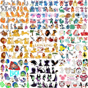 May include: A collage of various cartoon character illustrations, including characters from Disney's "The Lion King", "Lilo & Stitch", "The Little Mermaid", and "Luca". The images are in various colors and styles, with some featuring text.