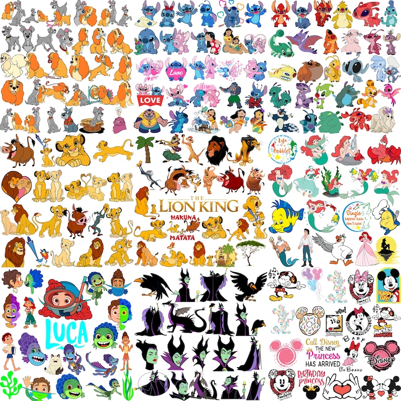 May include: A collage of various cartoon character illustrations, including characters from Disney's "The Lion King", "Lilo & Stitch", "The Little Mermaid", and "Luca". The images are in various colors and styles, with some featuring text.