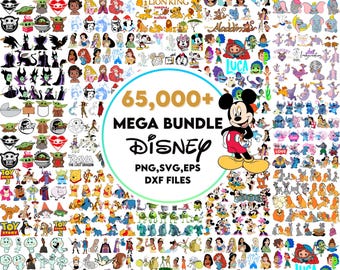 Pacote especial com mais de 65.000 arquivos SVG e PNG para sublimação de princesas, Mickey Mouse e desenhos animados para download digital.