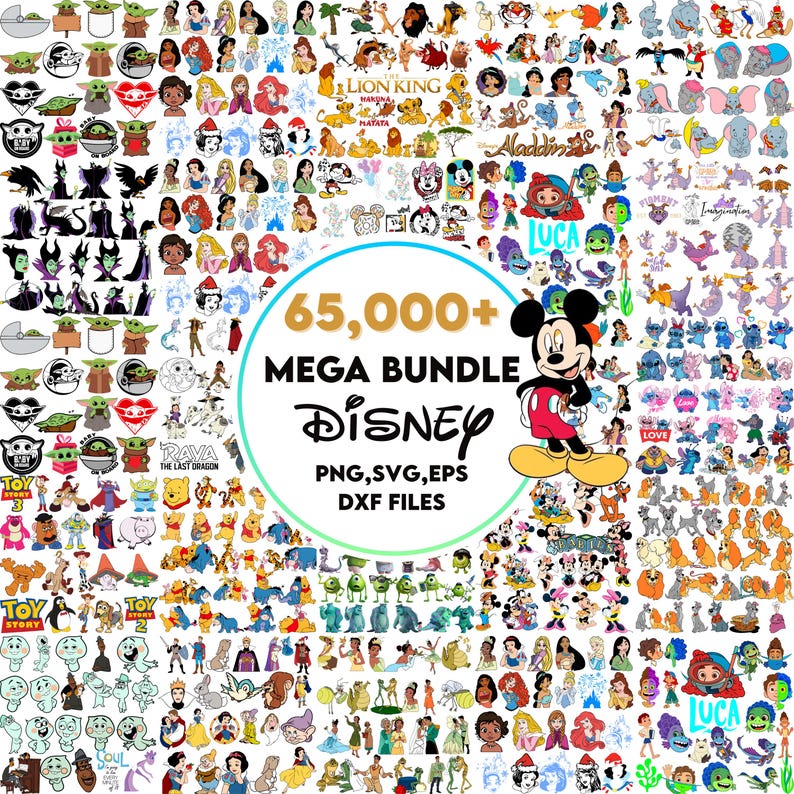 May include: A digital art bundle featuring numerous Disney characters and icons. The image includes characters from Toy Story, The Lion King, Aladdin, and more. The text reads "65,000+ MEGA BUNDLE Disney PNG, SVG, EPS, DXF FILES."