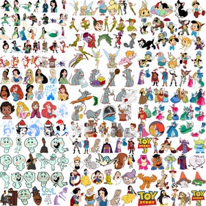May include: A collection of colorful cartoon illustrations featuring various characters from animated movies. The images include princesses, fairies, and characters from Toy Story, among others. The illustrations are in a variety of poses and styles.