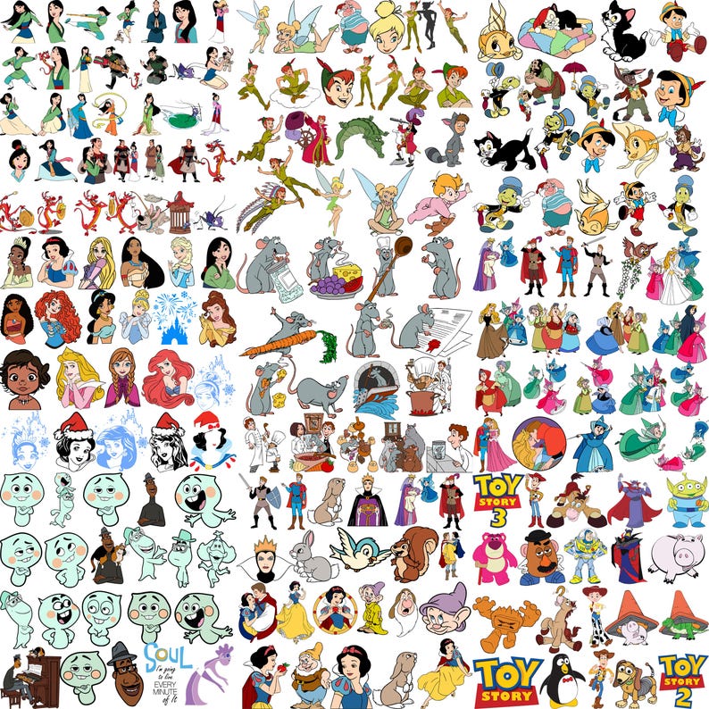 May include: A collection of colorful cartoon illustrations featuring various characters from animated movies. The images include princesses, fairies, and characters from Toy Story, among others. The illustrations are in a variety of poses and styles.