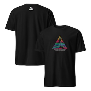 May include: Black t-shirts with a graphic design. One shirt displays a colorful triangle with a silhouette and text that reads "when the theories aren't conspiracy anymore." The other shirt has a white logo on the back.