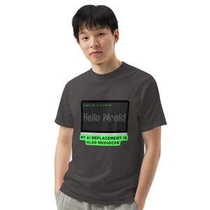 May include: Dark grey t-shirt with a laptop graphic displaying "Hello Wrold" and "MY AI REPLACEMENT IS ALSO MEDIOCRE" in white and green. The shirt is made of a soft, comfortable material.