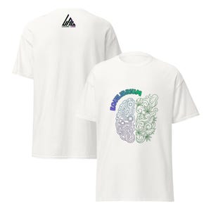 May include: White t-shirt with a graphic brain design split in two. One half is a circuit board, the other has cannabis leaves. The word "EQUILIBRIUM" arches above the brain. The back of the shirt has a logo.