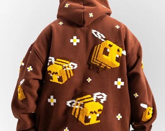Brown Pixel Bee Pullover Hoodie – 3D Embroidered Oversized Streetwear
