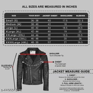 May include: Black leather jacket with a size chart in inches. The chart details chest, shoulder, and sleeve measurements for sizes small to XXXXLarge. Jacket measurement guide included.