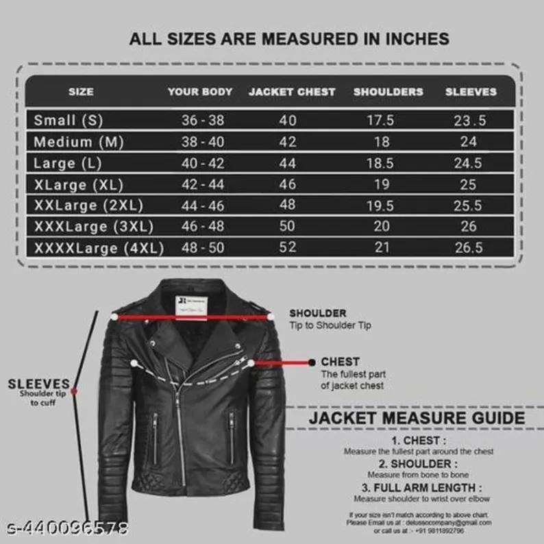 May include: Black leather jacket with a size chart in inches. The chart details chest, shoulder, and sleeve measurements for sizes small to XXXXLarge. Jacket measurement guide included.