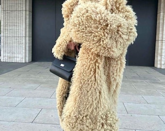 Handmade Curly Sheepskin Style Coat for Women | Oversized Beige Faux Fur | Luxury Teddy Maxi