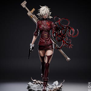 May include: A detailed figurine of a character in a maroon military-style outfit, holding a gun and a large weapon. The figure has white hair and a red and black appendage. The base is a rocky terrain. The image includes the text "CA" and "CA3D STUDIOS".