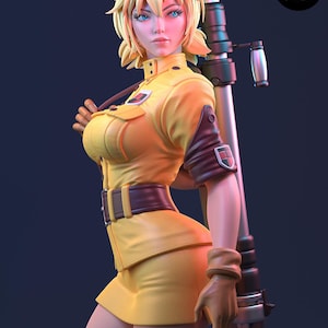 May include: A detailed 3D-rendered figure of a woman with blonde hair and blue eyes, wearing a yellow uniform with brown accents. She holds a large, metallic weapon. The figure is posed against a dark blue background.