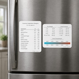 May include: Two white rectangular kitchen magnets with cooking information. One magnet lists common ingredient weights in ounces and grams. The other magnet shows dry weight and liquid volume conversions, plus oven temperature conversions.