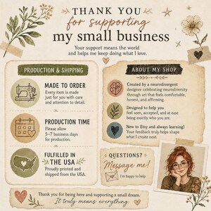 May include: A beige informational card with brown text reading Thank you for supporting my small business. It includes sections on production, shipping, and shop details, featuring illustrations of a sewing machine, calendar, map, and a portrait of a person.