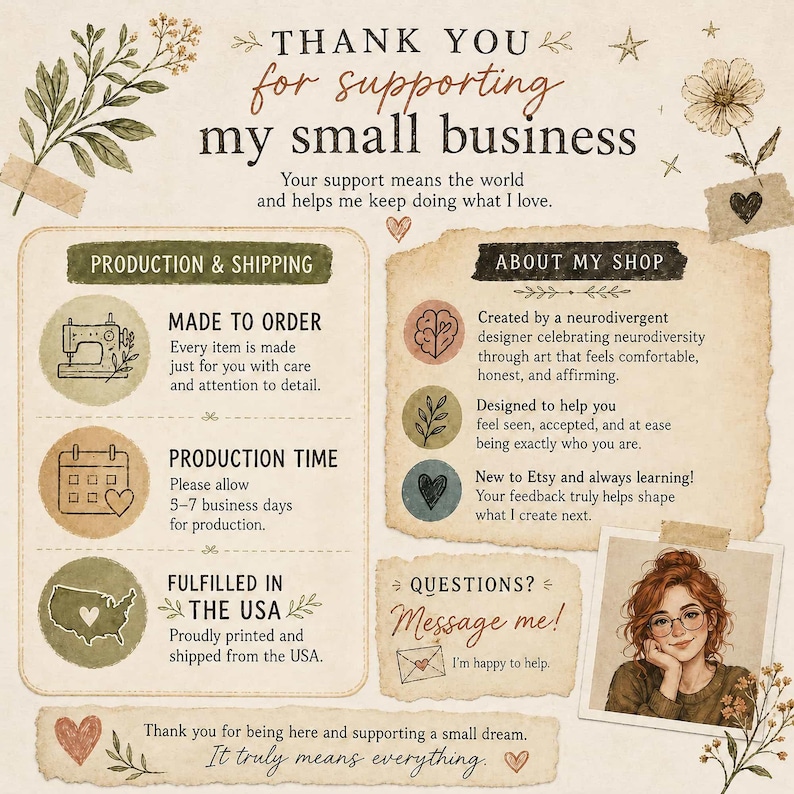 May include: A beige informational card with brown text reading Thank you for supporting my small business. It includes sections on production, shipping, and shop details, featuring illustrations of a sewing machine, calendar, map, and a portrait of a person.