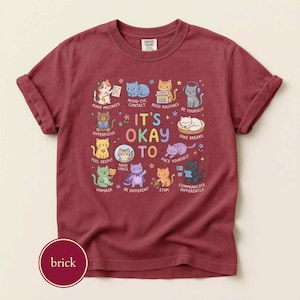 May include: A brick red short-sleeve t-shirt featuring a graphic print of various cartoon cats with the text IT'S OKAY TO and labels including MAKE MISTAKES, AVOID EYE CONTACT, NEED ROUTINES, BE YOURSELF, HYPERFOCUS, TAKE BREAKS, FEEL DEEPLY, NEED SPACE, PACE YOURSELF, UNMASK, BE DIFFERENT, STIM, and COMMUNICATE DIFFERENTLY.