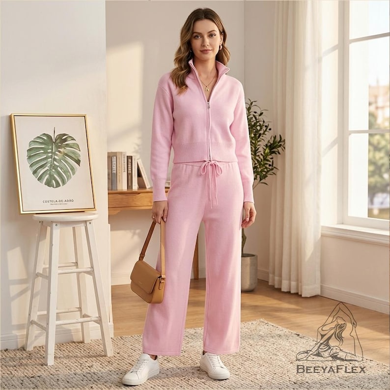 May include: A light pink knit tracksuit featuring a zip-up jacket with a high collar and matching drawstring pants. The outfit is paired with white sneakers and a small brown purse. The ensemble is displayed in a well-lit room with a framed botanical print.