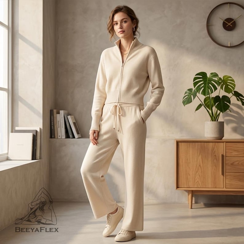 May include: A cream-colored two-piece knit set, featuring a zip-up jacket and wide-leg pants. The jacket has a high collar and ribbed cuffs, while the pants have a drawstring waist. The outfit is paired with matching sneakers. The brand name "BEEAYAFLEX" is visible.