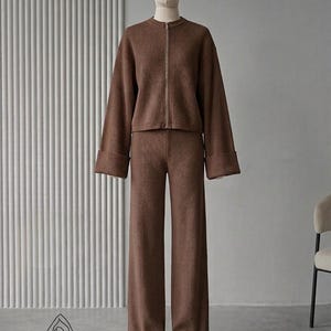 Conjunto de punto acanalado para mujer / Jersey y pantalón de pierna ancha a juego / Regalo para ella Brown