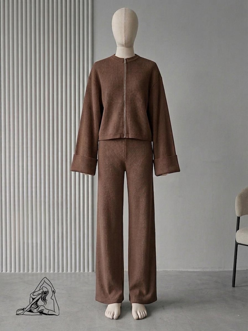 Conjunto de punto acanalado para mujer / Jersey y pantalón de pierna ancha a juego / Regalo para ella Brown