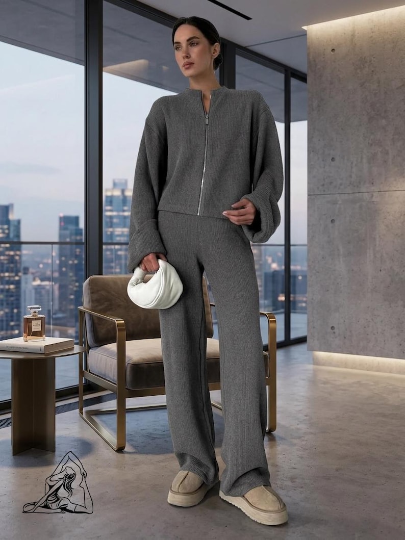 Conjunto de punto acanalado para mujer / Jersey y pantalón de pierna ancha a juego / Regalo para ella imagen 7