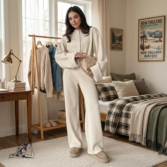 Ribbed Knit Lounge Set for Women | Matching Sweater & Wide Leg Pants | Gift for Her