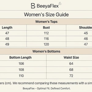 May include: A size guide for women's tops and bottoms, with measurements in centimeters. The guide includes bust, shoulder, and sleeve length for tops, and bottom length, waist, and hip size for bottoms. The brand name "BeeyaFlex" is at the top.