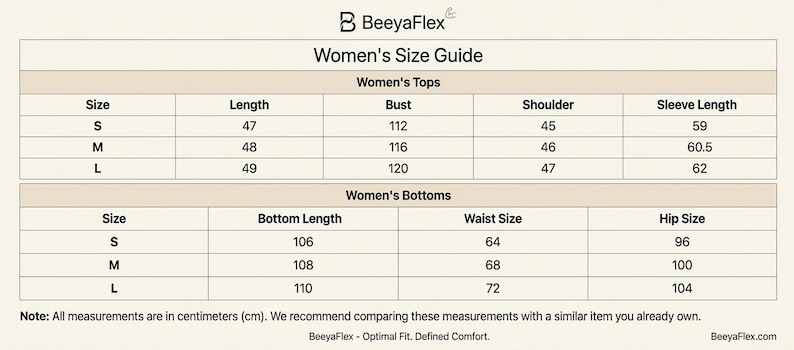 May include: A size guide for women's tops and bottoms, with measurements in centimeters. The guide includes bust, shoulder, and sleeve length for tops, and bottom length, waist, and hip size for bottoms. The brand name "BeeyaFlex" is at the top.