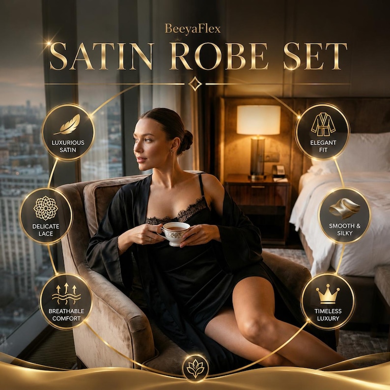 Puede incluir: Conjunto de bata de sat&eacute;n negro con encaje, con el texto "SATIN ROBE SET". La imagen destaca el sat&eacute;n lujoso, el encaje delicado y la comodidad transpirable. El conjunto incluye una bata y un camis&oacute;n a juego.