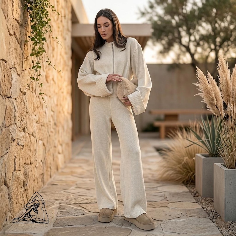 Conjunto de punto acanalado para mujer / Jersey y pantalón de pierna ancha a juego / Regalo para ella imagen 4