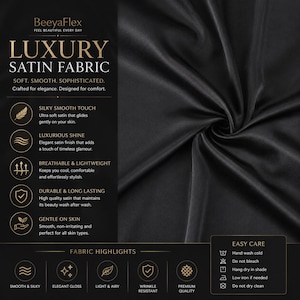 Puede incluir: Tejido de sat&eacute;n negro, suave y liso, con un brillo lujoso. La imagen destaca la textura del tejido y presenta detalles sobre su transpirabilidad y durabilidad. El texto de la imagen dice "Luxury Satin Fabric".