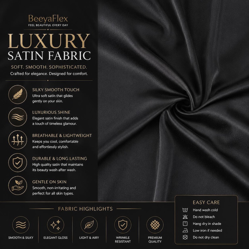Puede incluir: Tejido de sat&eacute;n negro, suave y liso, con un brillo lujoso. La imagen destaca la textura del tejido y presenta detalles sobre su transpirabilidad y durabilidad. El texto de la imagen dice "Luxury Satin Fabric".