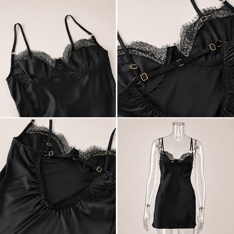 Puede incluir: Vestido lencero de sat&eacute;n negro con delicado encaje en el escote y el busto. El vestido presenta finos tirantes espagueti y herrajes dorados. El dise&ntilde;o incluye una espalda baja y una silueta ajustada.