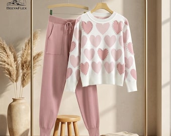 Pearl Heart Knit Lounge Set – Cozy Sweater & Jogger Pants, Autumn Winter Womens Clothing
