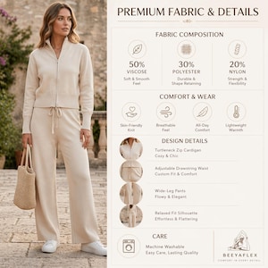 May include: A woman wearing a beige knit zip-up cardigan and matching wide-leg pants. The outfit features an adjustable drawstring waist and a relaxed fit. The image includes text that says "Premium Fabric & Details".