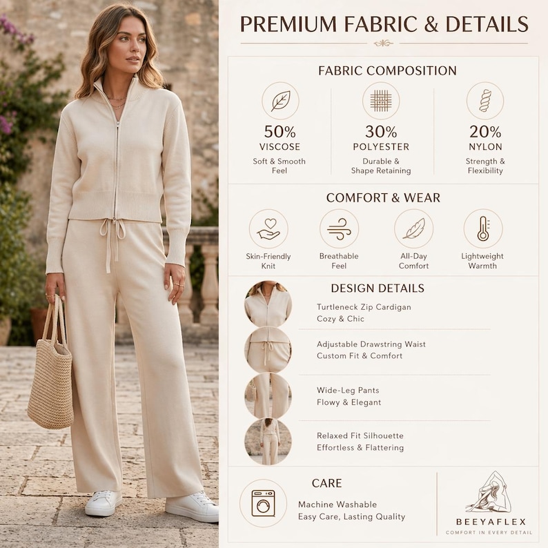 May include: A woman wearing a beige knit zip-up cardigan and matching wide-leg pants. The outfit features an adjustable drawstring waist and a relaxed fit. The image includes text that says "Premium Fabric & Details".