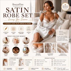 Puede incluir: Un conjunto de bata de sat&eacute;n blanco con un vestido lencero de encaje y una bata larga. El conjunto incluye un vestido lencero con cuello en V con tirantes ajustables y una bata estilo kimono. El texto "SATIN ROBE SET" es visible.