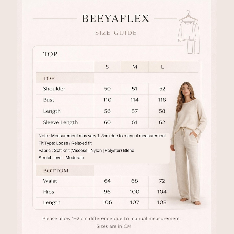 Puede incluir: Gu&iacute;a de tallas para un conjunto de top y pantal&oacute;n de punto beige. La gu&iacute;a incluye medidas en cent&iacute;metros para hombro, busto, largo y largo de manga para las tallas S, M y L. La tela es una mezcla de punto suave.