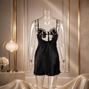 Puede incluir: Vestido lencero de sat&eacute;n negro con un top de bustier de encaje y s&iacute;mil cuero. El vestido presenta tirantes finos y una espalda baja. El bustier tiene herrajes met&aacute;licos decorativos. El vestido se exhibe en un maniqu&iacute; transparente.