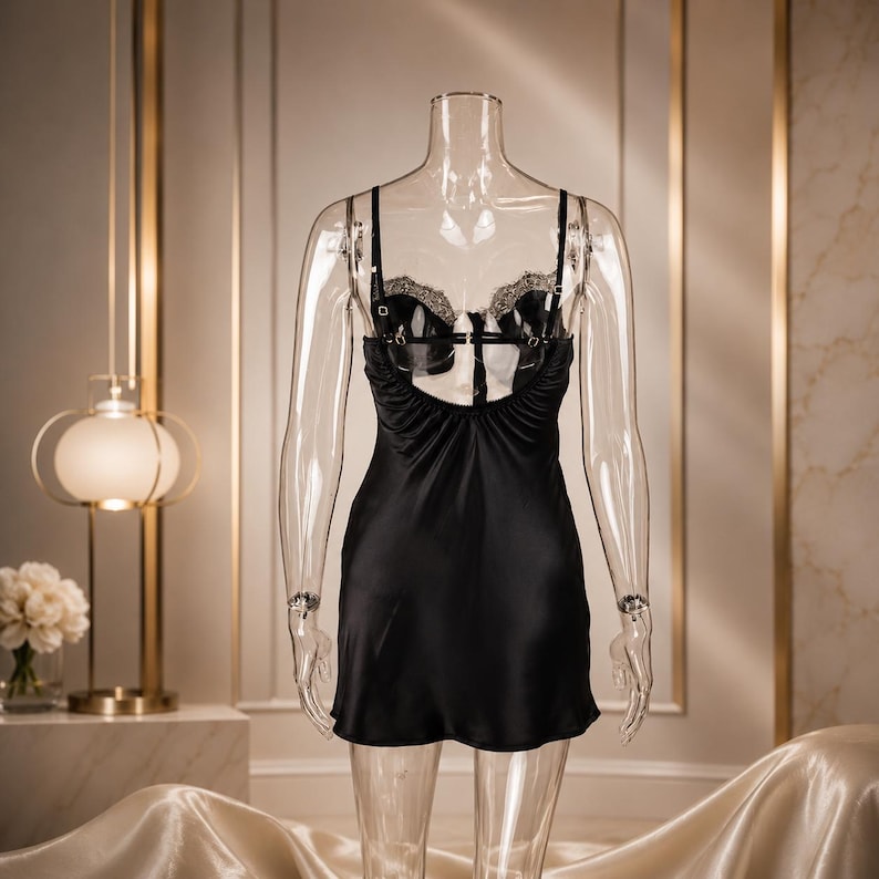 Puede incluir: Vestido lencero de sat&eacute;n negro con un top de bustier de encaje y s&iacute;mil cuero. El vestido presenta tirantes finos y una espalda baja. El bustier tiene herrajes met&aacute;licos decorativos. El vestido se exhibe en un maniqu&iacute; transparente.