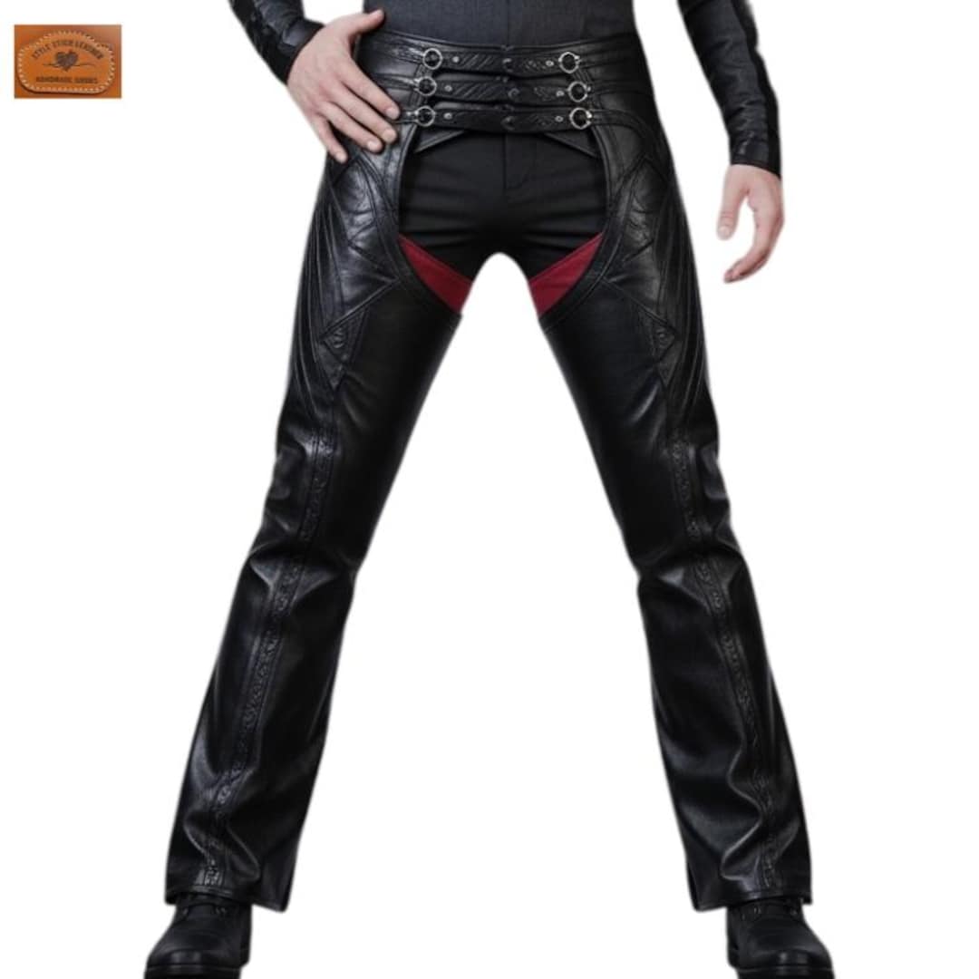 Men’s Rich Black Genuine Leather Chaps – Gothic Black & Red Motorbike ...