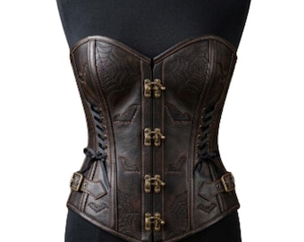 Vintage Brown Genuine Leather Overbust Corset – Steampunk Style Buckle Front Waist Trainer