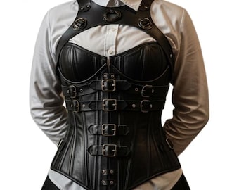 Genuine Leather Gothic Corset Top With Stitchable Back – Strap Harness Bustier for Women
