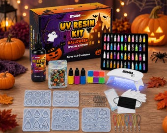 Halloween UV Resin Kit, Jewelry Making Craft Set with UV Lamp, 5 Silicone Molds & Accessories