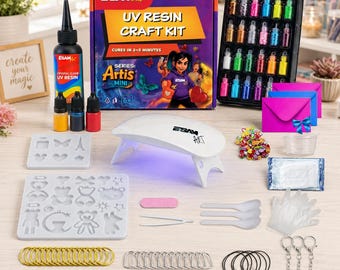UV Resin Jewelry Making Kit for Kids, Teens & Beginners Complete Starter Set with UV Lamp, Silicone Molds, Glitter, Pigments